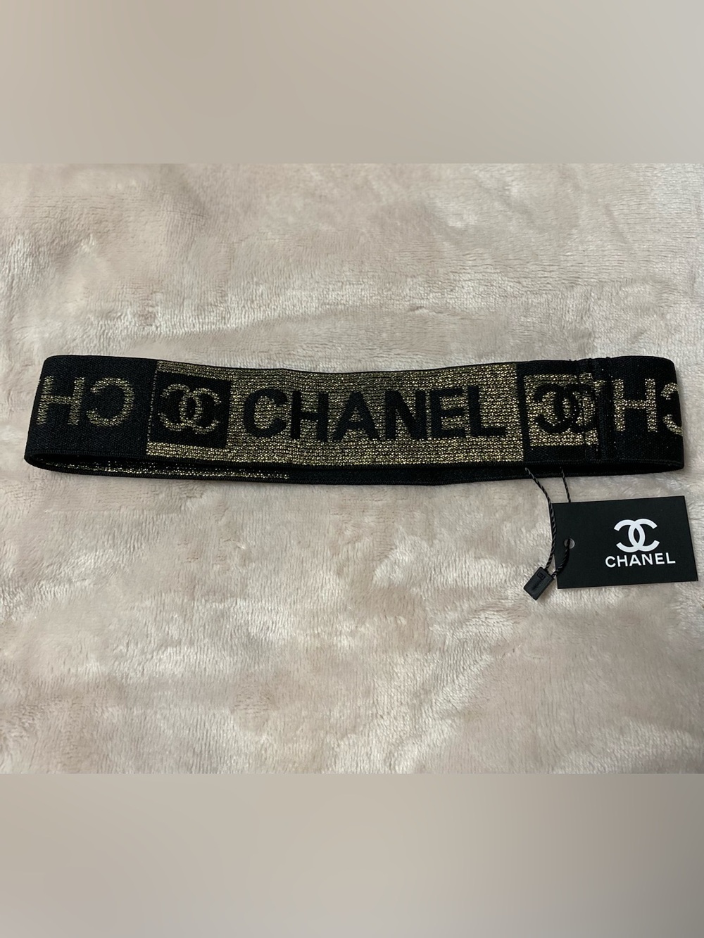 ChaneI Black with Gold Metallic Stretch Logo Spellout-Out Headband